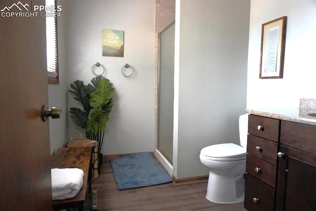 bathroom with vanity, hardwood / wood-style flooring, toilet, and walk in shower