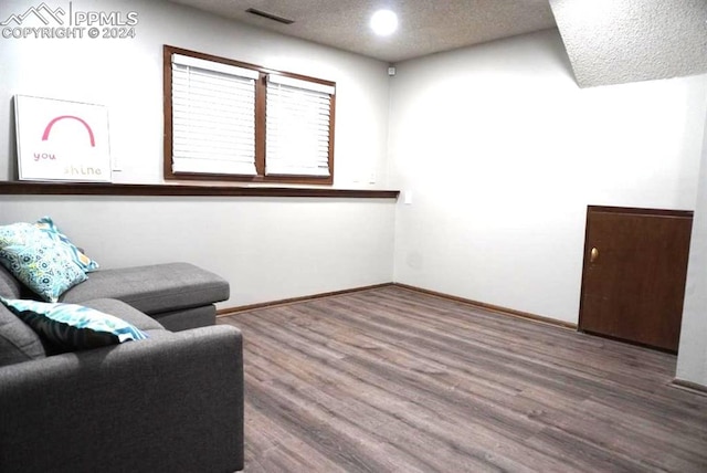 sitting room featuring a textured ceiling and wood-type flooring