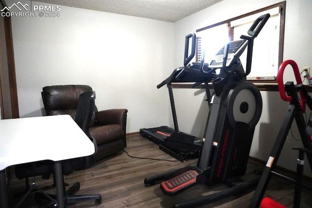 exercise room with a textured ceiling and hardwood / wood-style floors