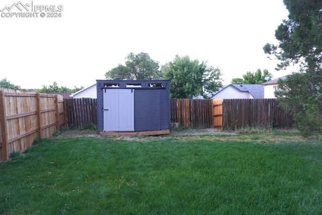 view of yard featuring a storage unit