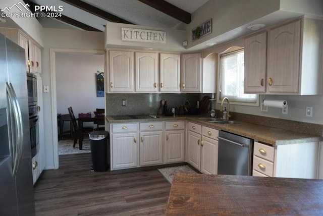 kitchen with sink, vaulted ceiling with beams, backsplash, dark hardwood / wood-style flooring, and stainless steel appliances