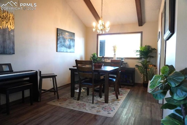 dining space with dark wood-type flooring, a chandelier, and vaulted ceiling with beams