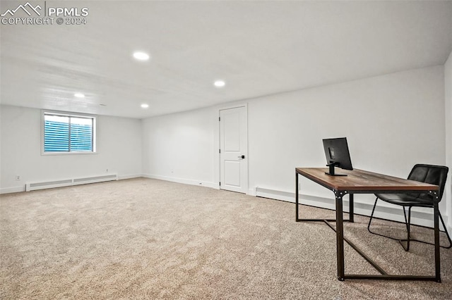 carpeted office space featuring a baseboard radiator, baseboards, and recessed lighting