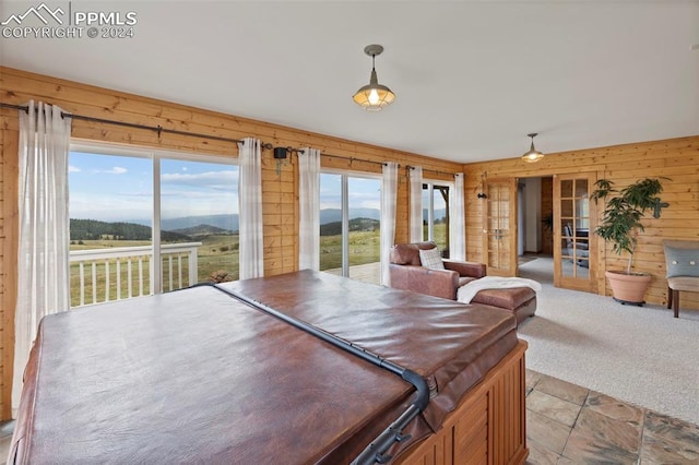 interior space with wood walls, plenty of natural light, a mountain view, and french doors