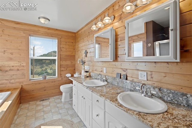 full bathroom featuring vanity, toilet, wooden walls, and plus walk in shower