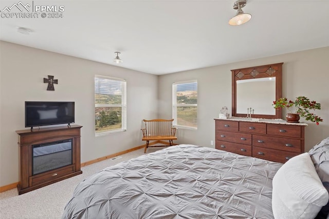 bedroom with light colored carpet