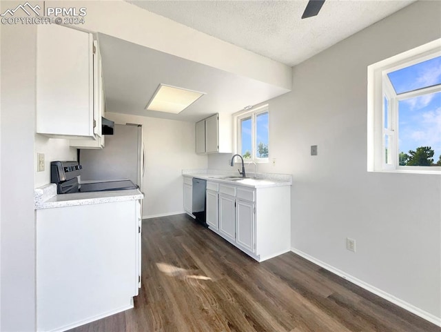 kitchen with dark wood-type flooring, dishwasher, white cabinetry, and a textured ceiling