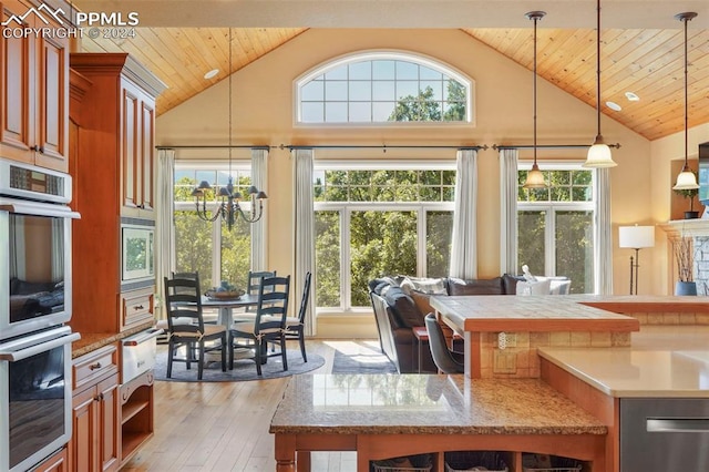 kitchen featuring light wood-type flooring, decorative light fixtures, double oven, and a wealth of natural light