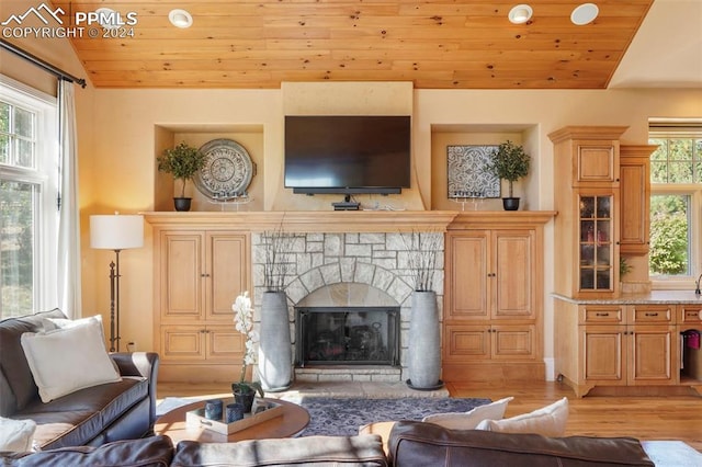 living room with a stone fireplace, wooden ceiling, and a wealth of natural light