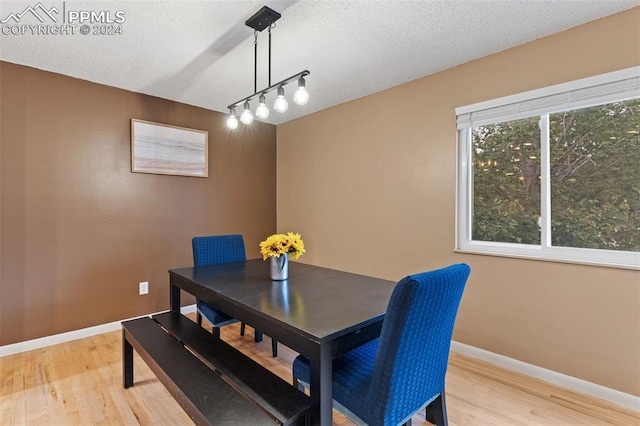 dining room featuring baseboards, rail lighting, light wood-style floors, and a textured ceiling