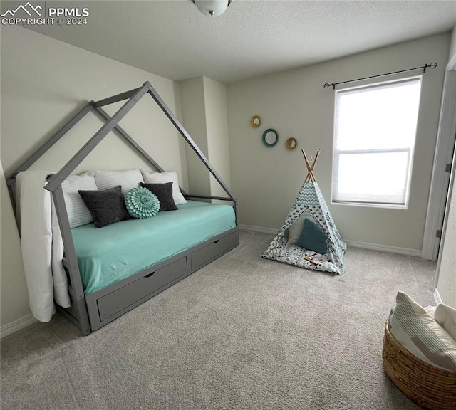 carpeted bedroom with a textured ceiling