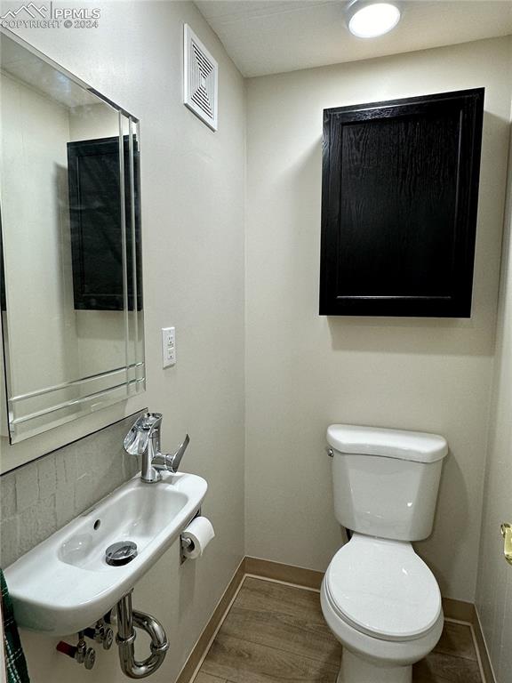 bathroom featuring wood-type flooring, toilet, and sink