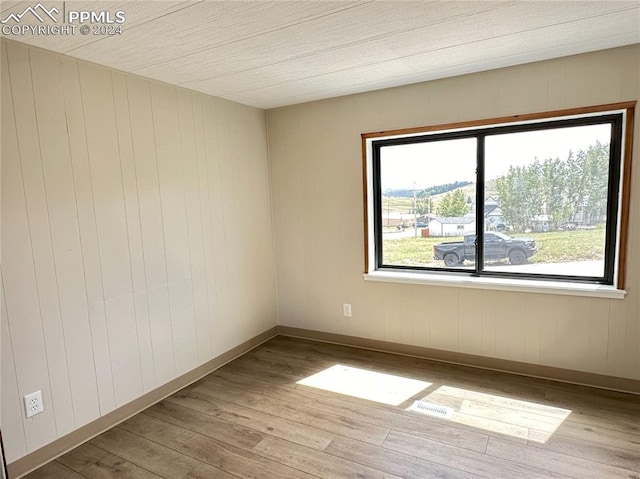 spare room with wooden walls and light hardwood / wood-style floors