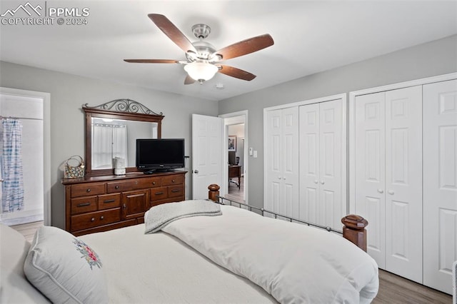 bedroom with light wood-type flooring, two closets, and ceiling fan