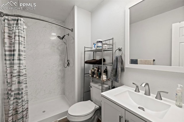 bathroom featuring a shower with curtain, toilet, and vanity