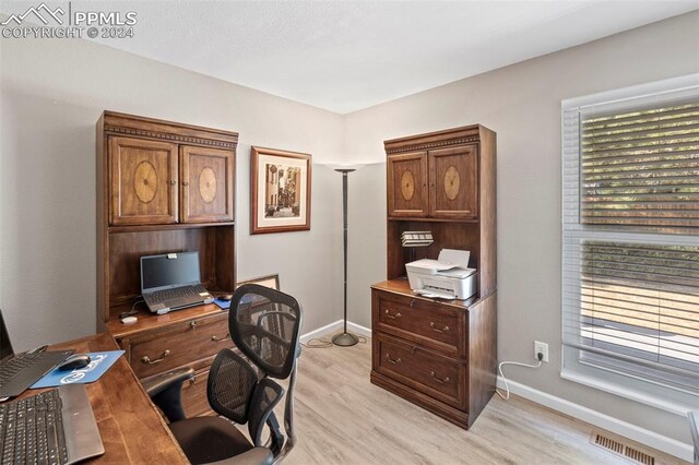 home office with light hardwood / wood-style floors