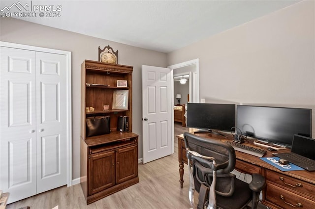 office space featuring ceiling fan and light hardwood / wood-style floors