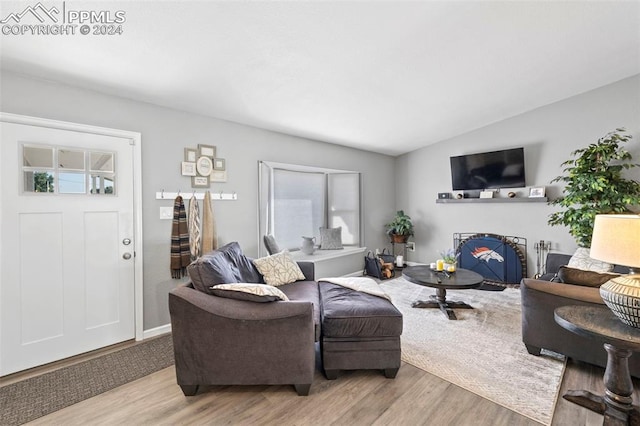 living room featuring lofted ceiling and light hardwood / wood-style flooring