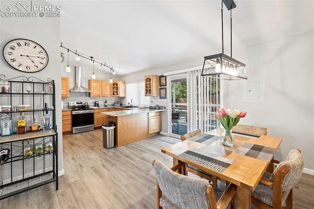 dining area with light wood-type flooring, a chandelier, rail lighting, and sink