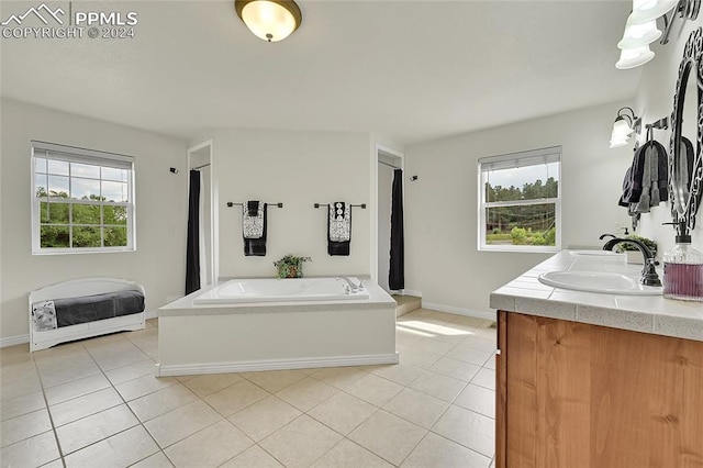 bathroom featuring tile patterned floors, vanity, and a healthy amount of sunlight