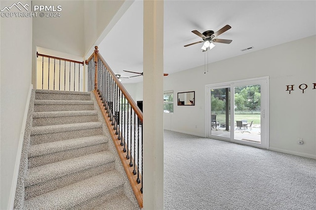 stairway featuring carpet and ceiling fan