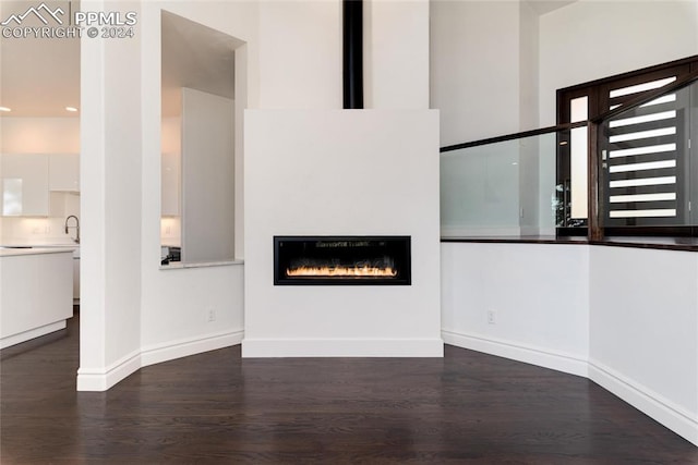 unfurnished living room featuring dark hardwood / wood-style flooring and sink