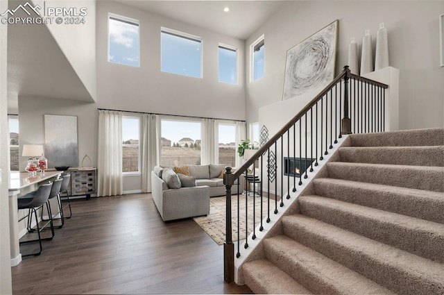 staircase with a high ceiling, hardwood / wood-style floors, and a healthy amount of sunlight