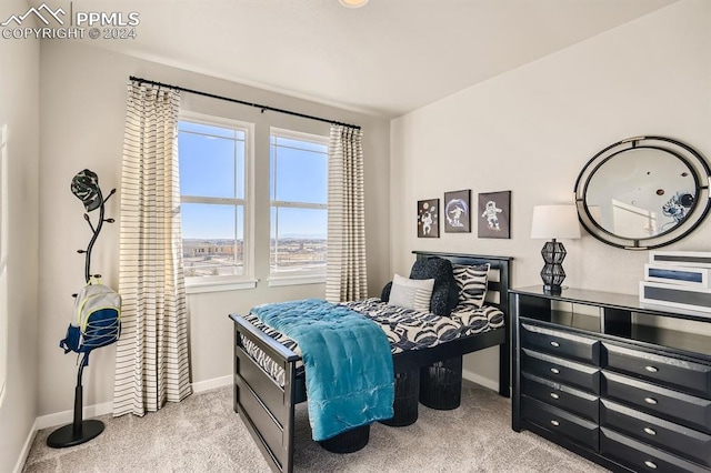 bedroom with light colored carpet