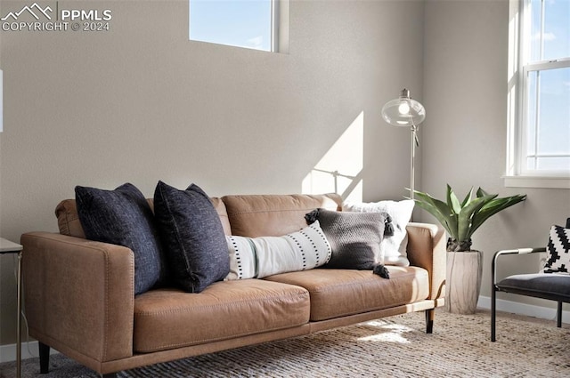 living area with plenty of natural light and carpet floors