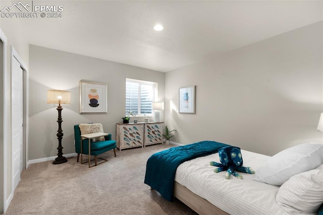 bedroom featuring light colored carpet