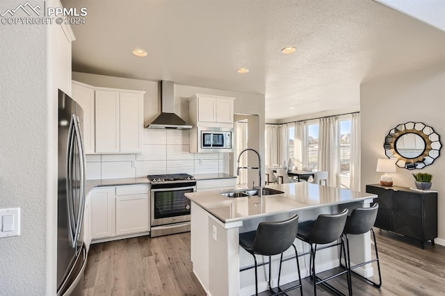 kitchen with a kitchen island with sink, stainless steel appliances, sink, decorative backsplash, and wall chimney exhaust hood