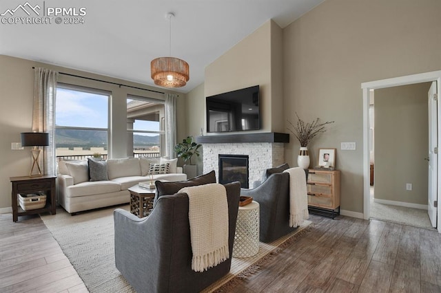 living room with wood-type flooring, a stone fireplace, and high vaulted ceiling