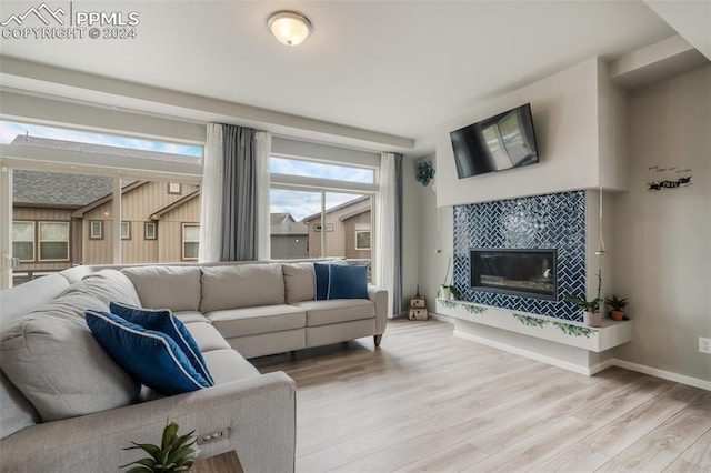 living room featuring light wood-type flooring and a fireplace