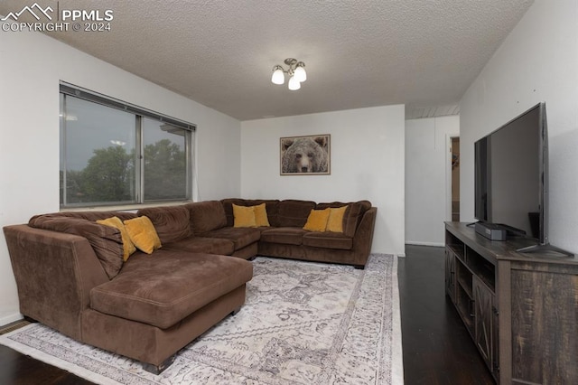 living room featuring a textured ceiling and hardwood / wood-style floors