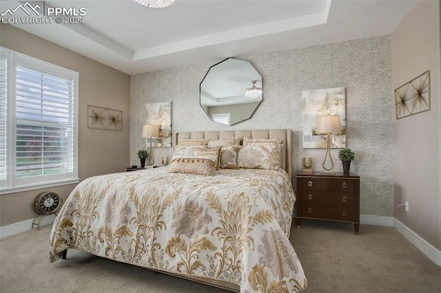 bedroom featuring a raised ceiling and carpet