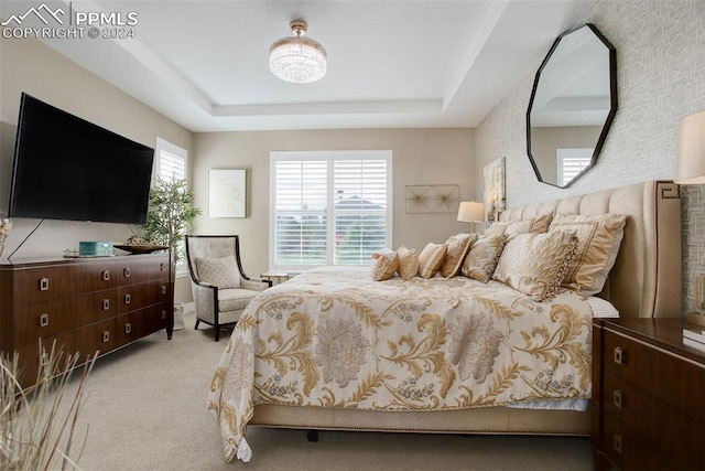 bedroom with a tray ceiling, light carpet, and multiple windows