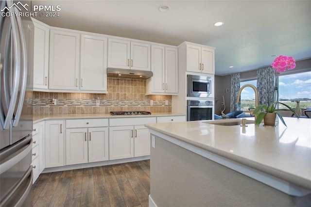 kitchen featuring dark hardwood / wood-style flooring, stainless steel appliances, sink, decorative backsplash, and white cabinetry