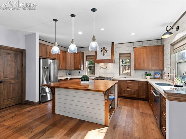 kitchen with dark hardwood / wood-style flooring, a wealth of natural light, a kitchen island, and stainless steel appliances