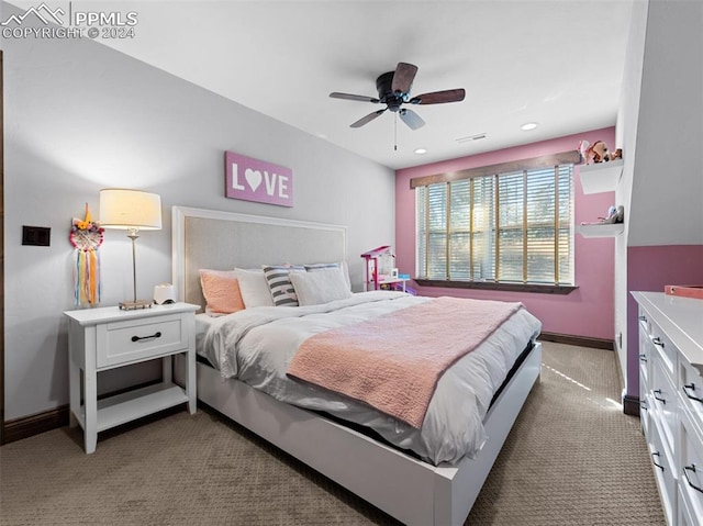 bedroom featuring ceiling fan and carpet floors