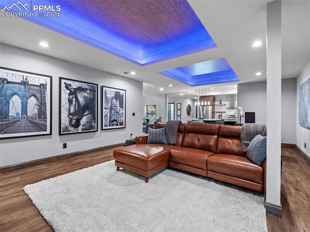 living room featuring a tray ceiling and hardwood / wood-style flooring