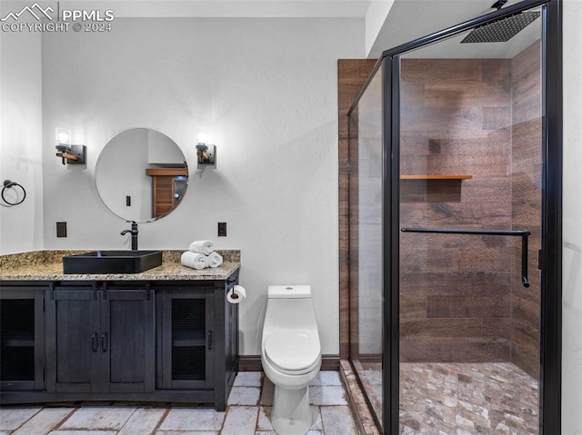 bathroom featuring vanity, toilet, and a shower with door