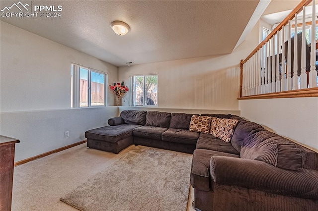 carpeted living room with a textured ceiling