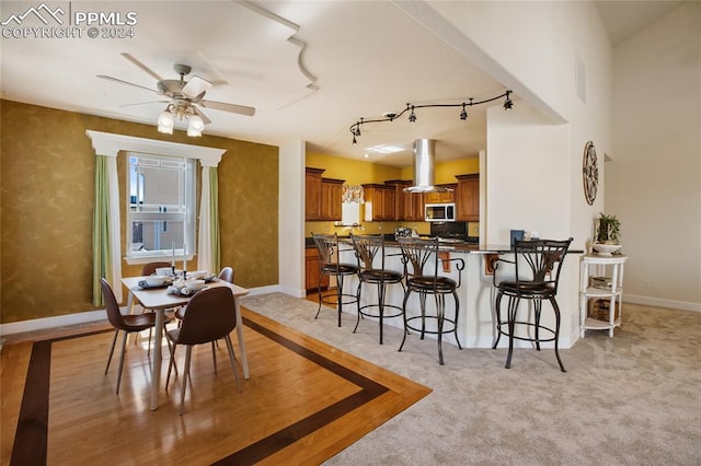 dining area featuring ceiling fan, light colored carpet, and rail lighting