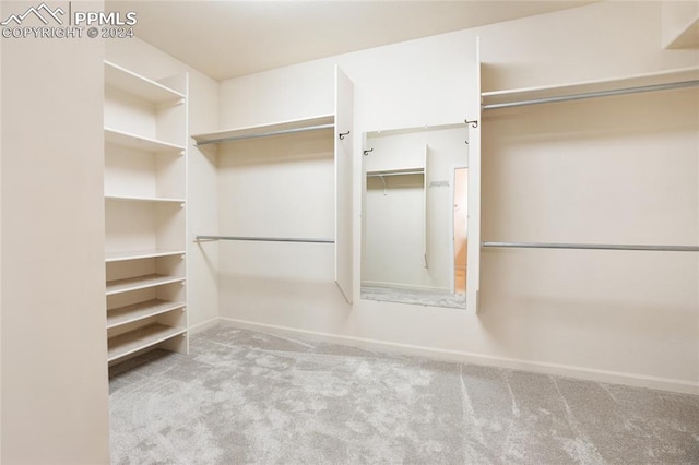 walk in closet featuring light colored carpet