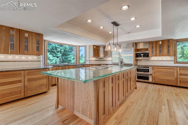 kitchen featuring hanging light fixtures, a center island with sink, appliances with stainless steel finishes, a tray ceiling, and light hardwood / wood-style floors