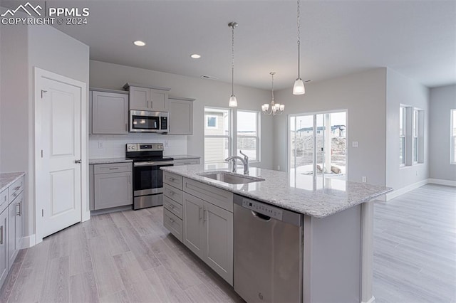 kitchen with a notable chandelier, backsplash, appliances with stainless steel finishes, an island with sink, and sink