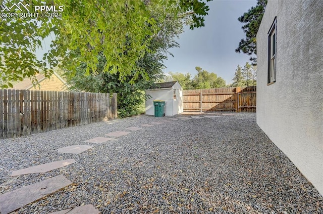 view of yard with a patio and a shed