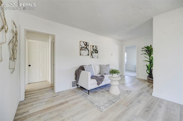 living room featuring light wood-type flooring and a textured ceiling