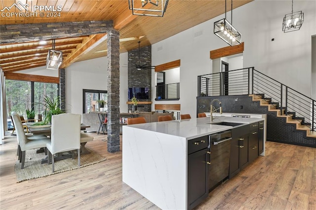 kitchen with ceiling fan with notable chandelier, light hardwood / wood-style flooring, wood ceiling, sink, and high vaulted ceiling