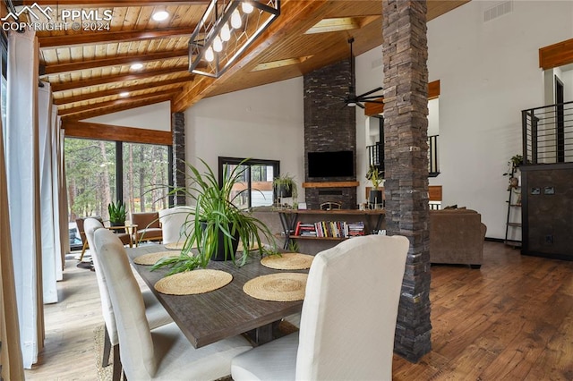 dining space featuring wooden ceiling, high vaulted ceiling, wood-type flooring, and ceiling fan